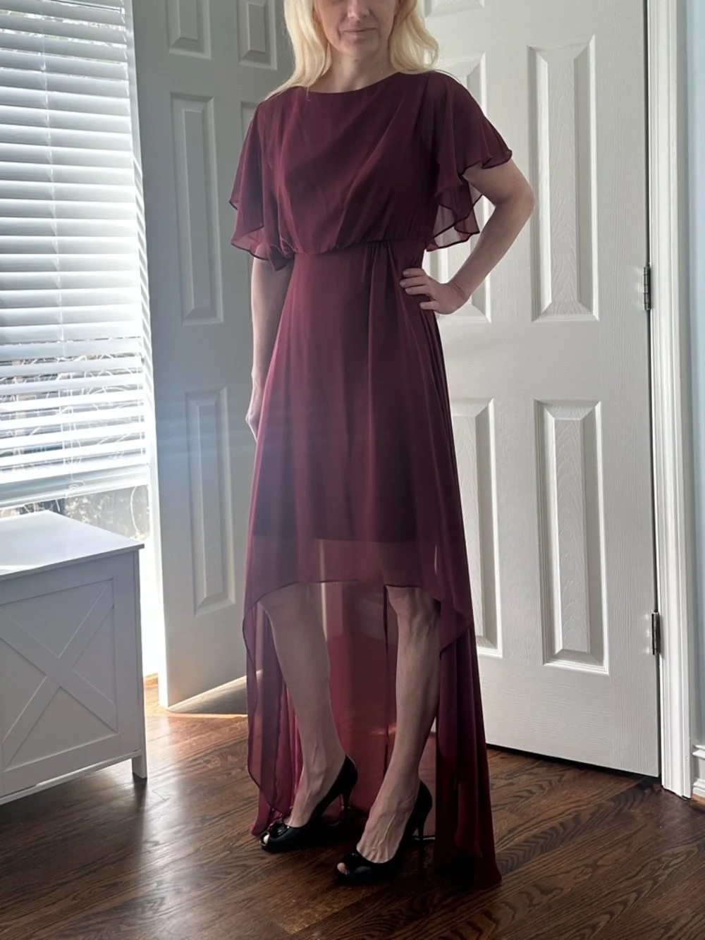 Women’s Burgundy High-Low Chiffon Event Prom Mother of the Bride Dress 2 - Picture 6 of 10